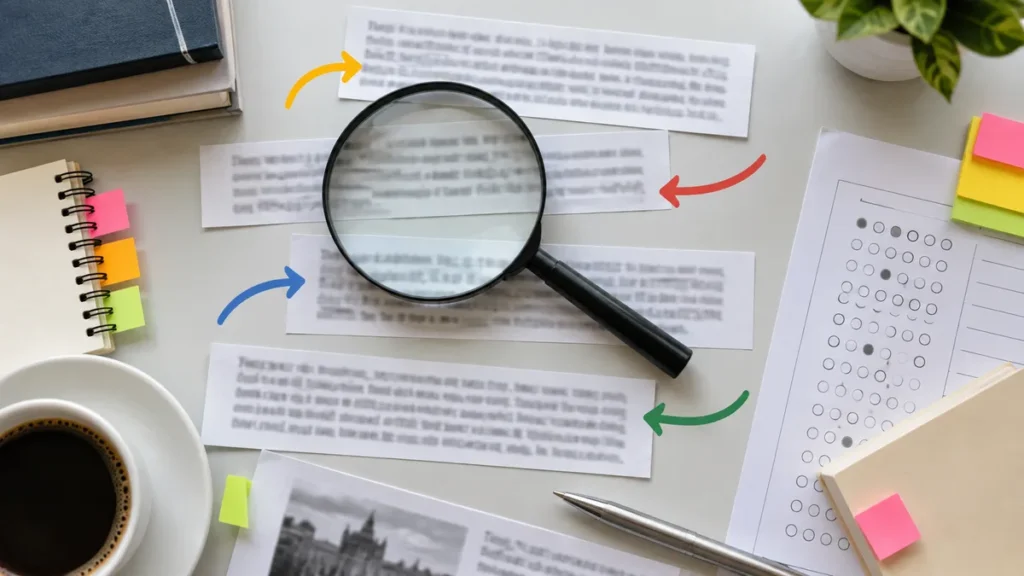 interpretação de texto com tiras de papel e marcações de leitura