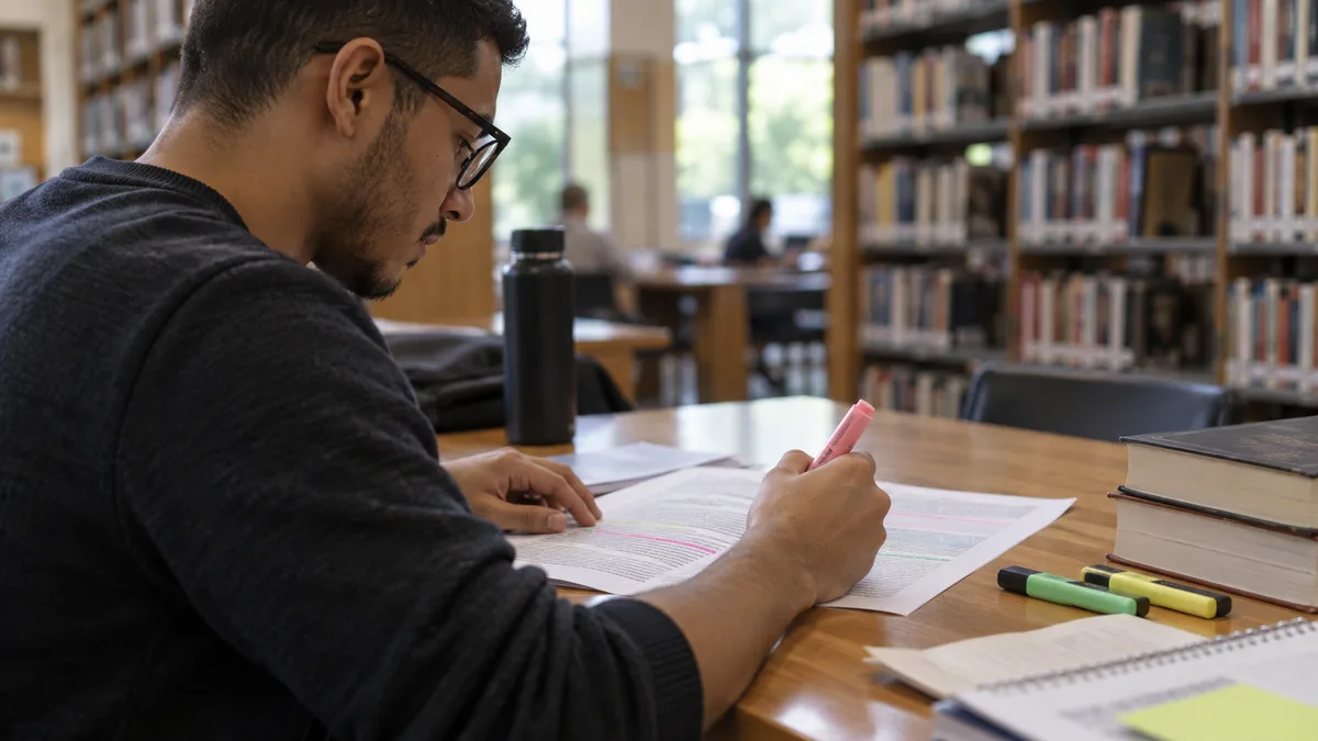 interpretação de texto com estudante adulta lendo na biblioteca