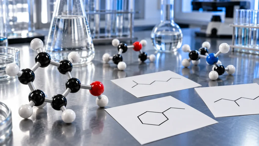 química orgânica no enem com moléculas e material de laboratório