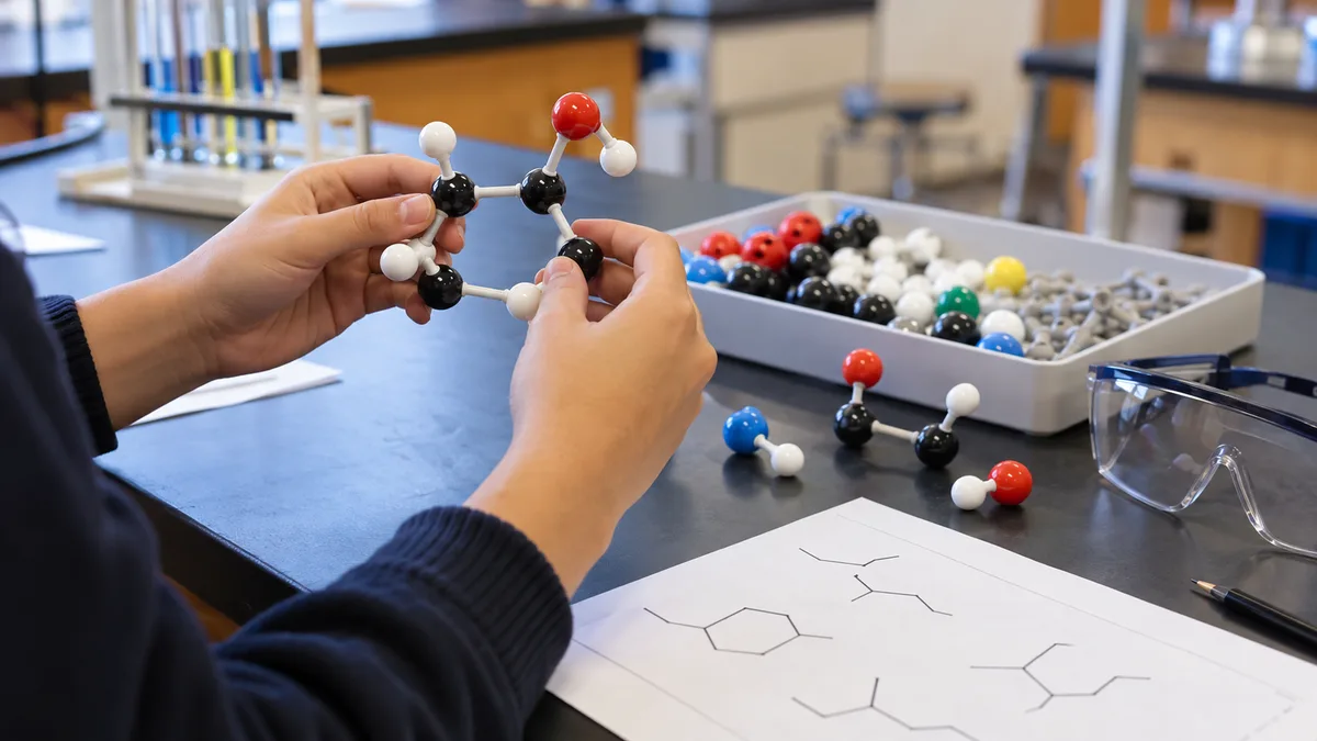química orgânica no enem com mãos montando modelo molecular
