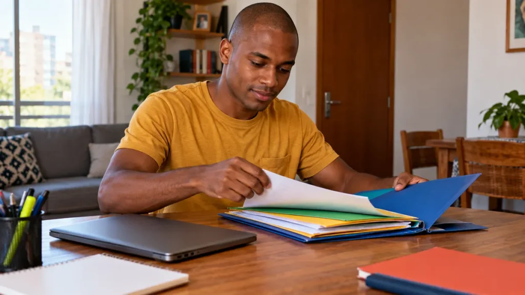 documentos para o ProUni: estudante organizando uma pasta de comprovantes em uma mesa de apartamento, sem texto legível.