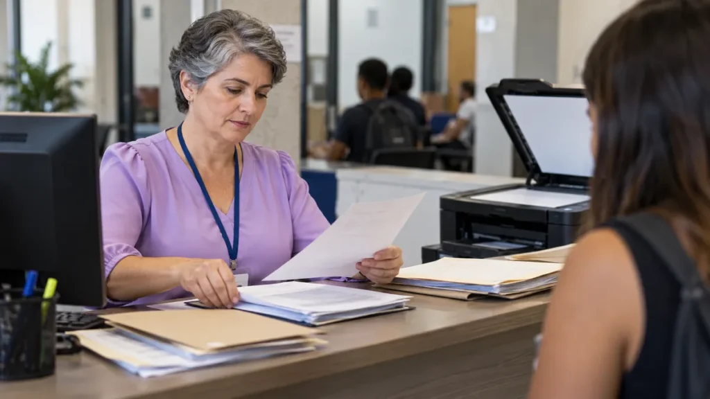 documentos para o ProUni: atendente conferindo documentos em um balcão educacional, sem dados legíveis.