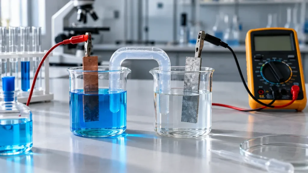 eletroquímica no Enem: placas metálicas e solução azul montando uma célula em bancada de laboratório.