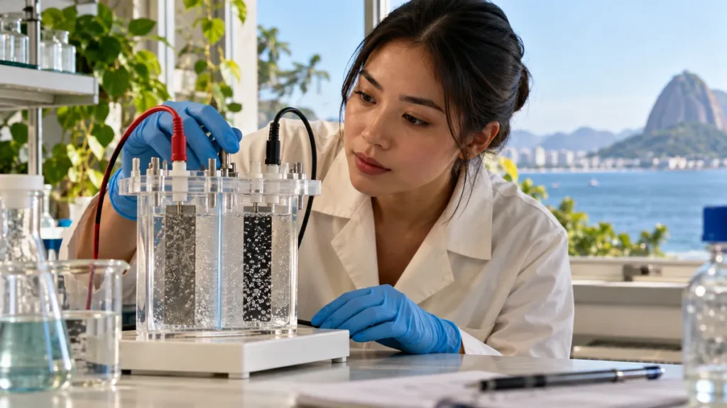 eletroquímica no Enem: estudante observando uma célula eletroquímica transparente em laboratório.