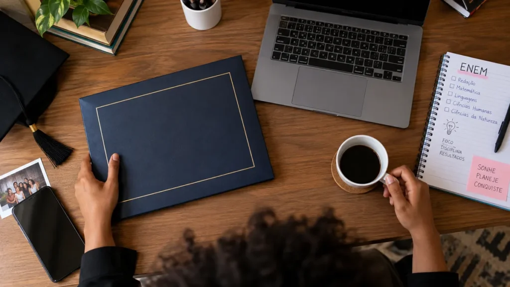 enem com diploma superior em mãos organizando diploma de graduação e boletim do Enem sobre uma mesa de café