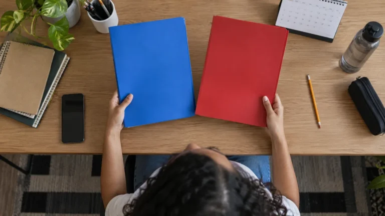 Enem e vestibular: estudante com dois cadernos de prova abertos lado a lado numa mesa de biblioteca