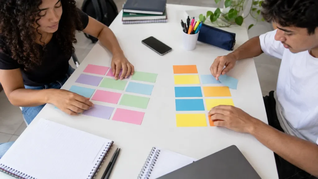 Enem e vestibular: três amigos conferindo editais impressos e um calendário numa escrivaninha no fim da tarde