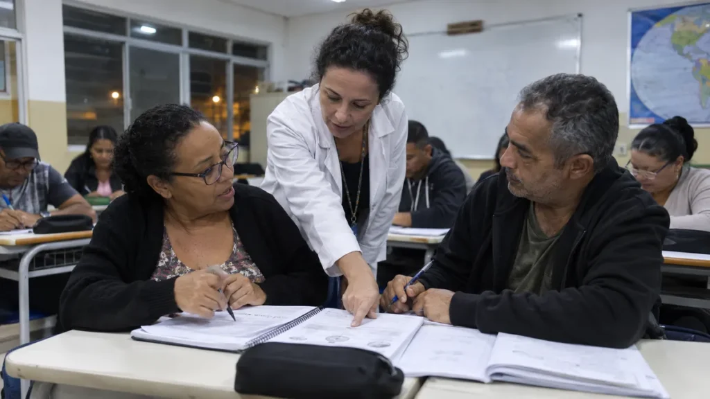 enem para quem faz eja: adulto estudando com caderno no colo numa escada de praça pela manhã