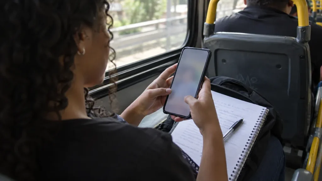 estudar pelo celular numa mesa de cozinha vista de cima, com o aparelho aberto numa prova em PDF ao lado de um caderno