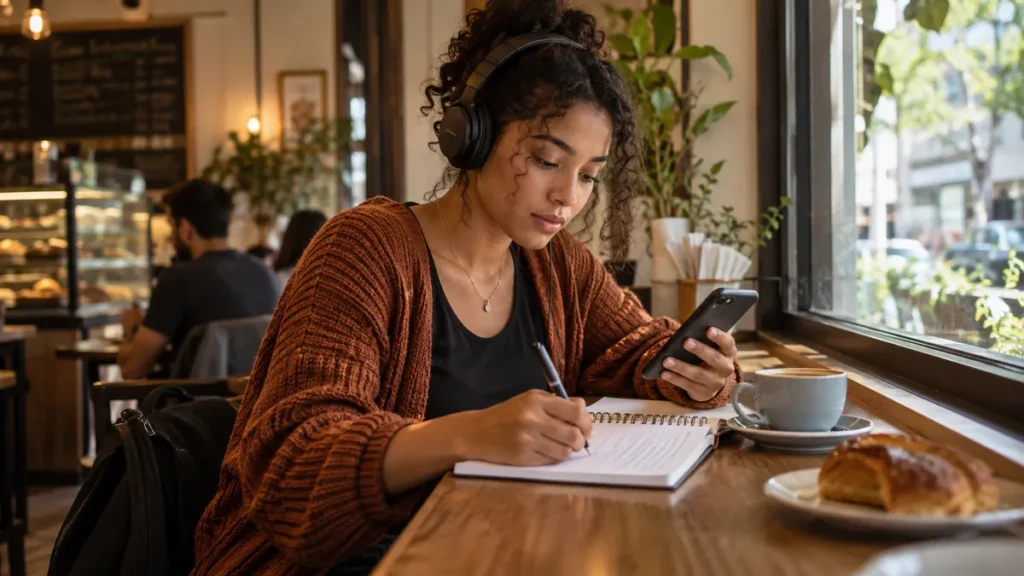 estudar pelo celular com folhas de redação escritas à mão ao lado do aparelho numa escrivaninha de quarto