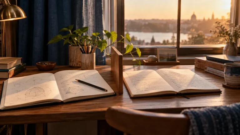 Estudo intercalado para o Enem: mesa junto à janela com cadernos de Matemática e Linguagens abertos em momentos diferentes.