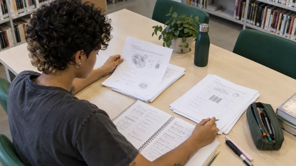 Estudo intercalado para o Enem: estudante resolvendo questões de duas áreas em uma mesa de biblioteca, visto de lado.