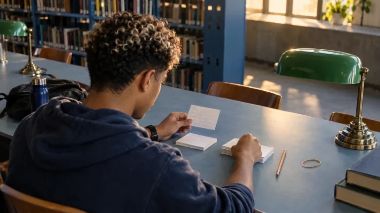 Flashcards para o Enem: estudante numa mesa de biblioteca separando cartões escritos à mão em duas pilhas