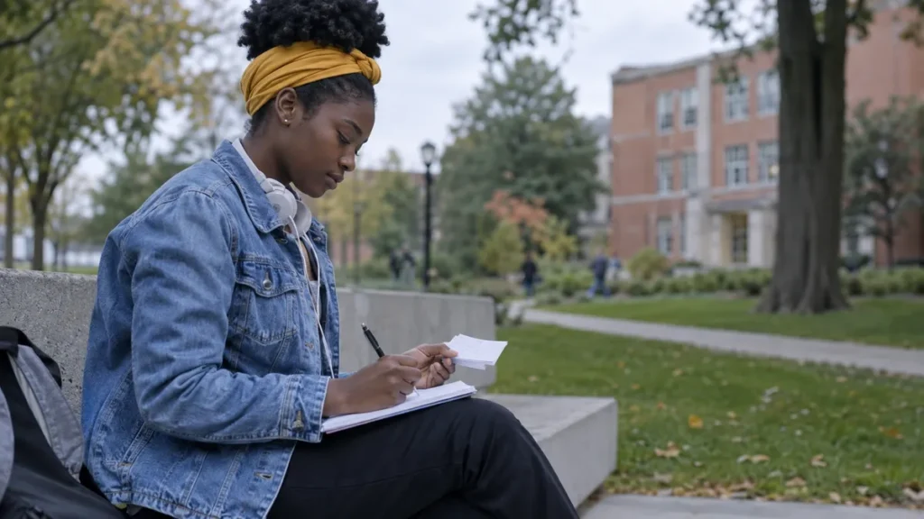 Flashcards para o Enem: estudante num banco de campus escrevendo a resposta antes de virar o cartão