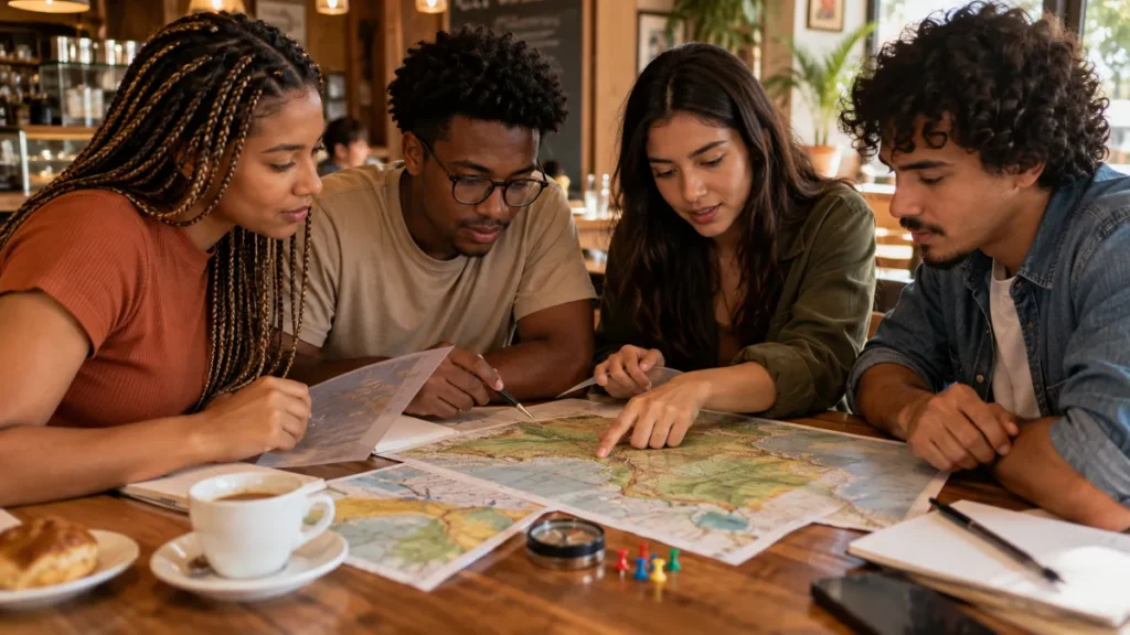 cartografia no enem: grupo de estudantes em café comparando mapa impresso, régua e anotações de legenda sobre a mesa