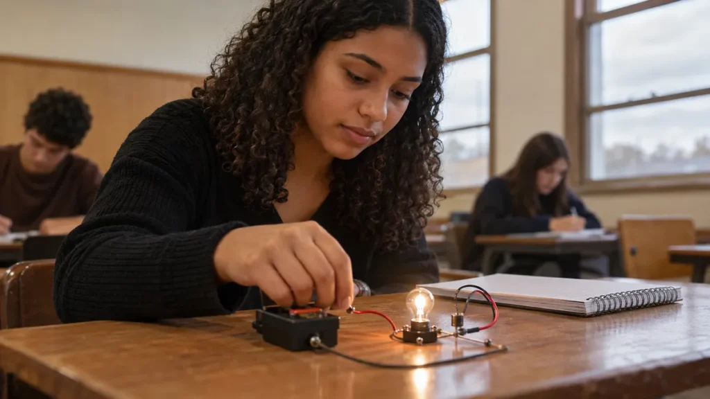 eletrodinâmica no enem: estudante testa circuito com lâmpada acesa em sala de prova