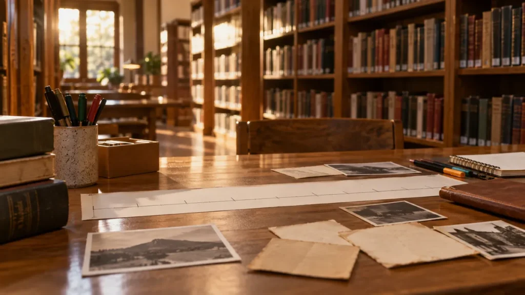 era vargas no enem: mesa de biblioteca com linha do tempo, papéis antigos genéricos e fotos sem texto