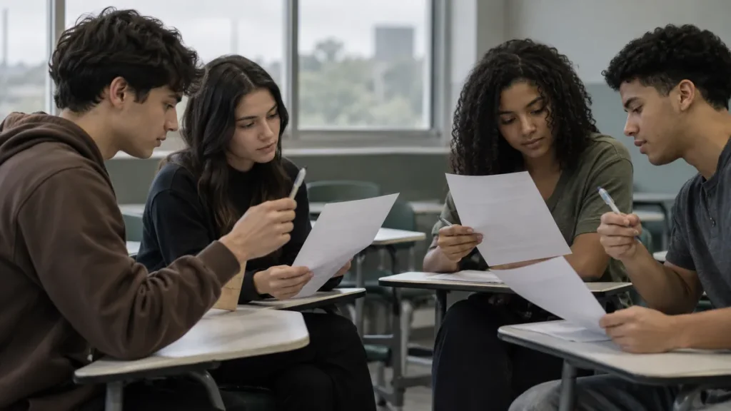isenção para treineiro no enem: grupo de estudantes compara papéis em branco em sala de prova