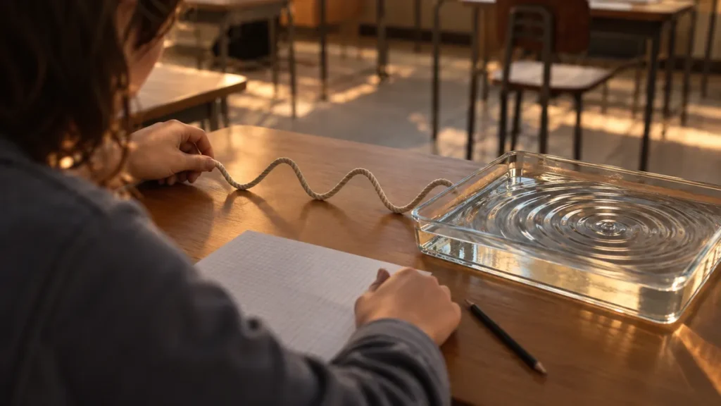 ondas no enem: estudante compara corda ondulada, bandeja com ripples e papel quadriculado em sala
