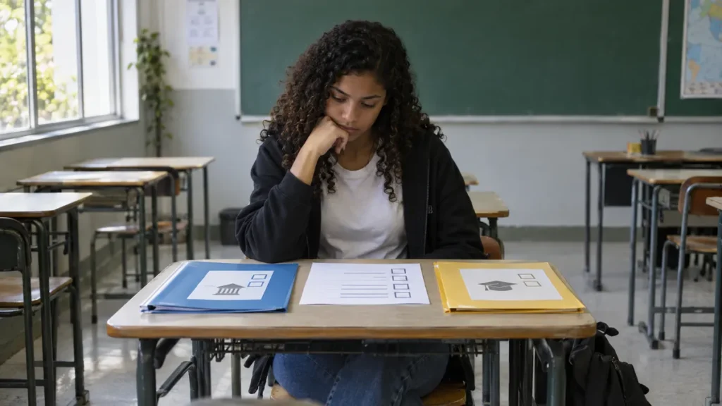 Sisu ou ProUni: estudante em sala de aula comparando duas pastas de documentos e um checklist de inscrição