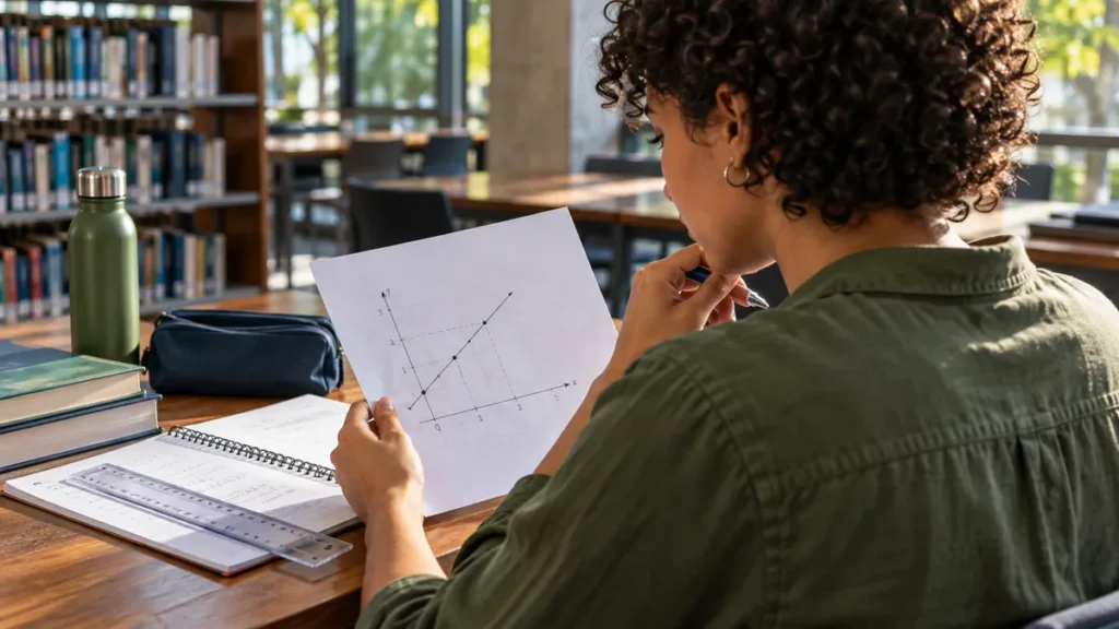 função afim no Enem: estudante analisando um gráfico linear em uma biblioteca, com régua e caderno.