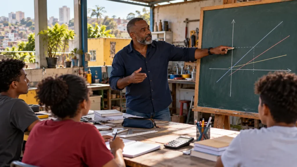 função afim no Enem: professor conferindo uma linha gráfica em uma oficina de estudos, sem texto legível.