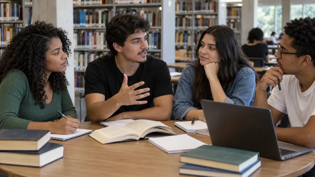 grupo de estudos para o Enem reunido em um café nublado, quatro pessoas revisando provas antigas e uma folha de redação juntas