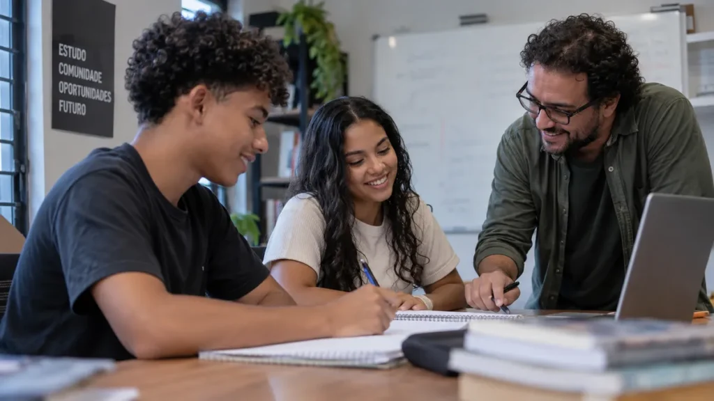 grupo de estudos para o Enem com dois integrantes corrigindo a redação um do outro numa sala de prova vazia