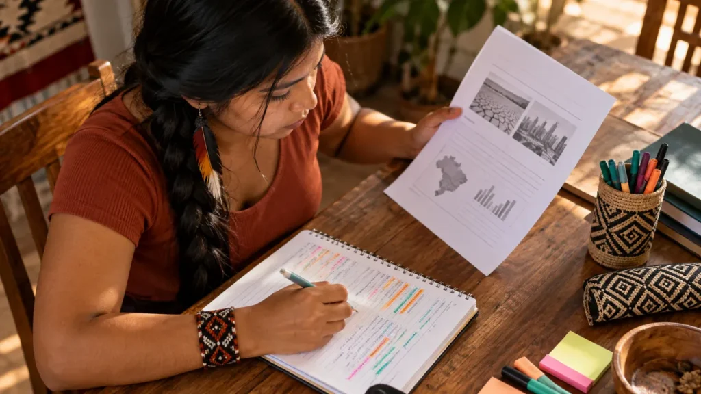 textos de apoio da redação: estudante organizando folhas de uma proposta em uma mesa de estudo, sem texto legível.