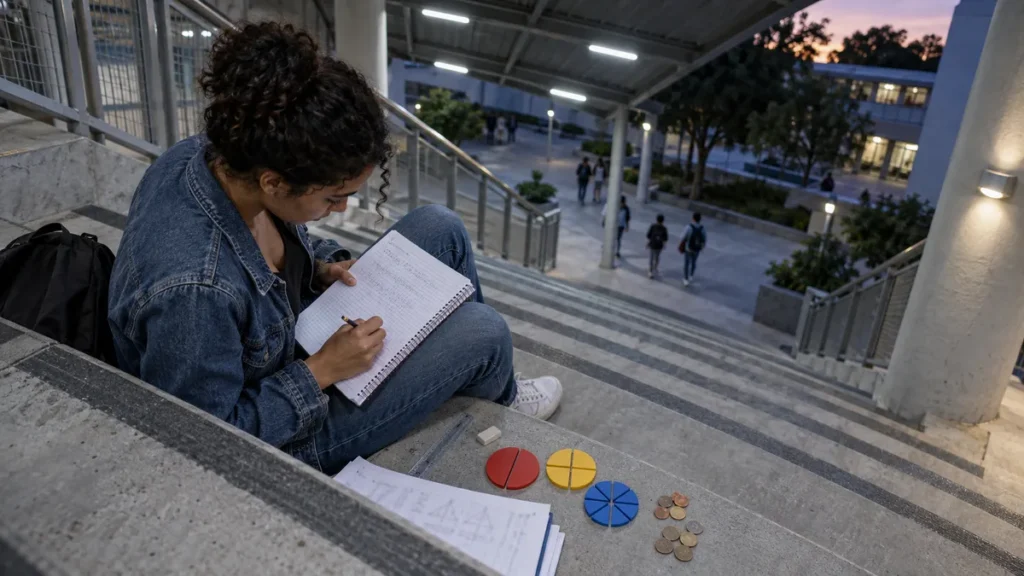 Matemática básica para o Enem: estudante sozinha numa escada de campus, vista de cima, resolvendo contas de fração e porcentagem à mão num caderno quadriculado, sem calculadora