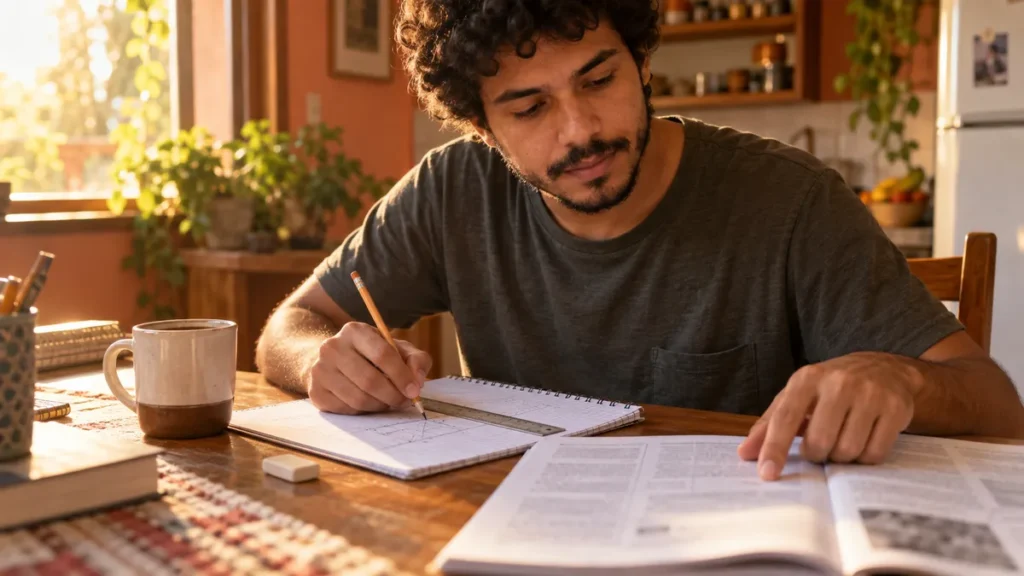 Matemática básica para o Enem: retrato de um estudante à mesa da cozinha, no fim da tarde, conferindo uma conta de regra de três escrita a lápis ao lado de uma prova antiga impressa