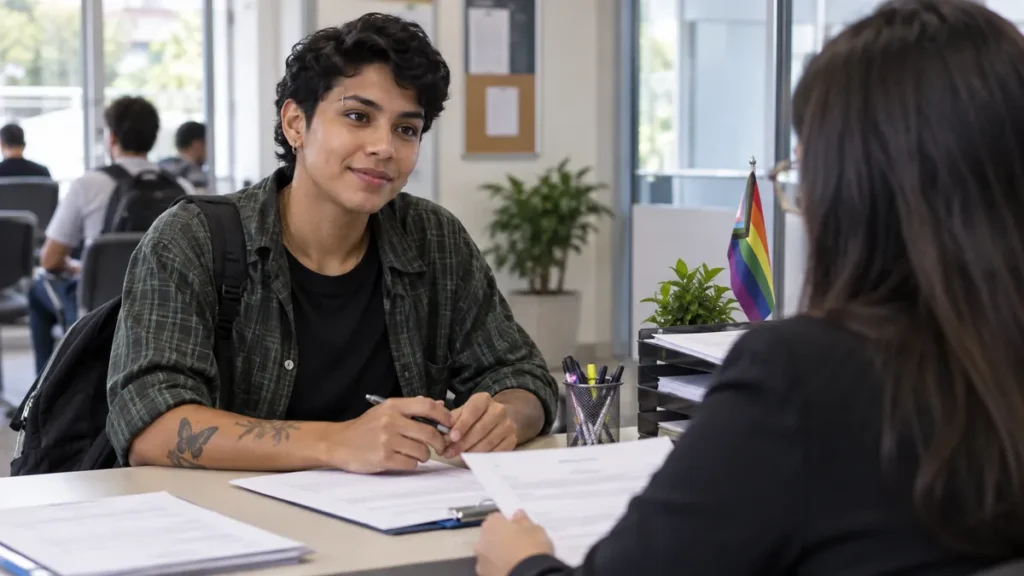 nome social no Enem conferido por cima do ombro na tela da Página do Participante, rosto fora do quadro, numa mesa de cozinha à noite