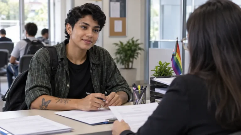 nome social no Enem conferido por cima do ombro na tela da Página do Participante, rosto fora do quadro, numa mesa de cozinha à noite