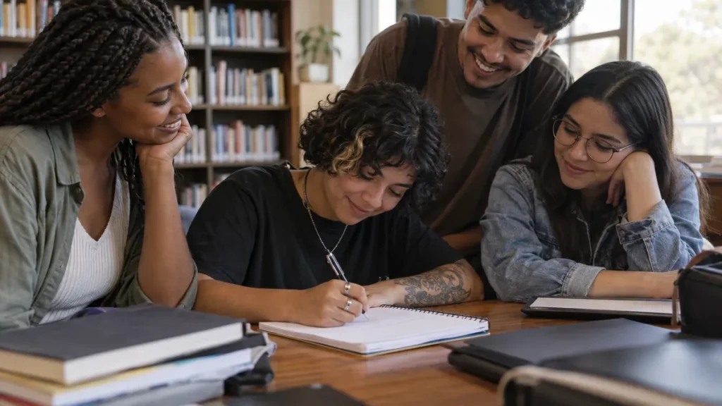 nome social no Enem sendo comentado entre um grupo de jovens ao ar livre, comparando anotações sobre a inscrição