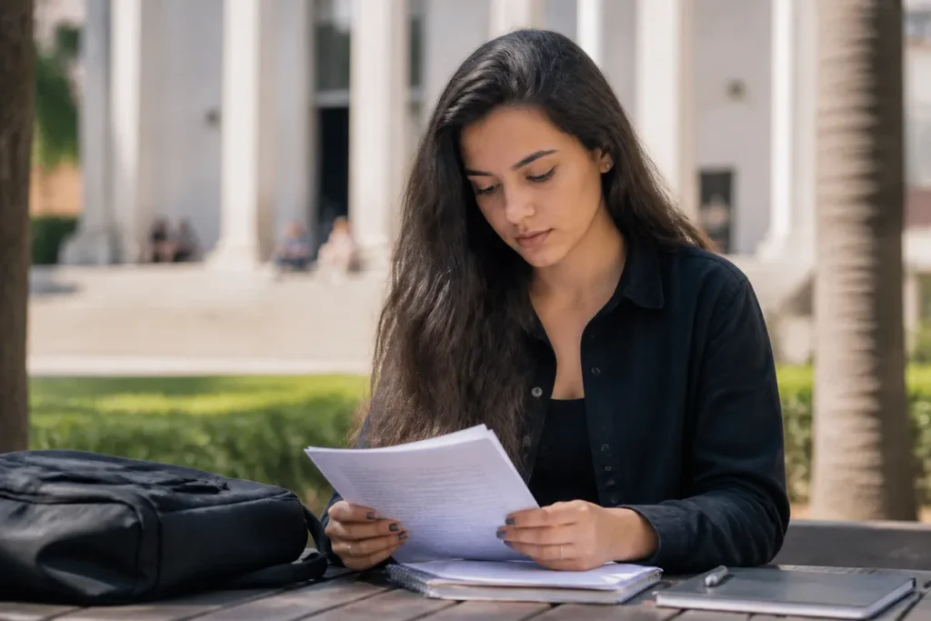 Nota de corte da UFRJ no Sisu: estudante revisando material de estudo ao lado de um prédio acadêmico ao fundo, desfocado