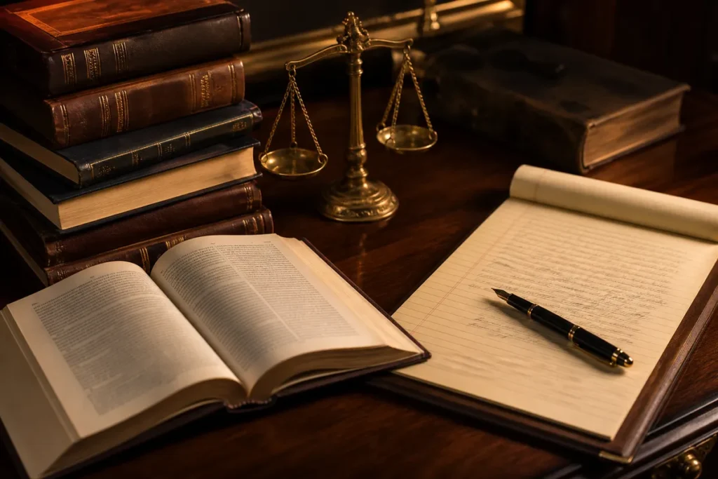 Nota de corte de Direito no Sisu: livros de legislação empilhados com uma balança da justiça estilizada e uma caneta sobre a mesa