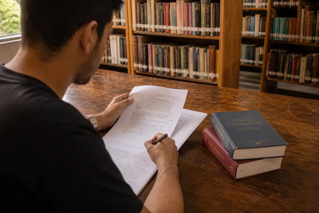 Nota de corte de Direito no Sisu: estudante revisando um texto argumentativo impresso e marcando trechos, livros de direito ao lado