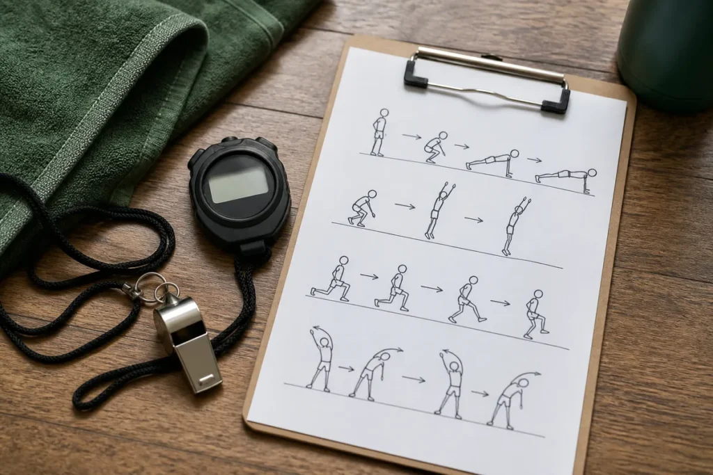 Nota de corte de Educação Física no Sisu: apito, cronômetro e prancheta com esboço de exercícios sobre uma mesa