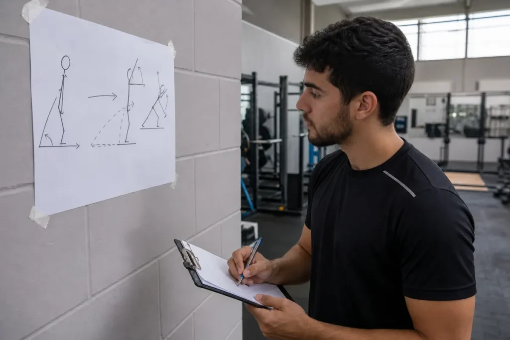 Nota de corte de Educação Física no Sisu: estudante analisando um diagrama de biomecânica do movimento numa parede de estudo