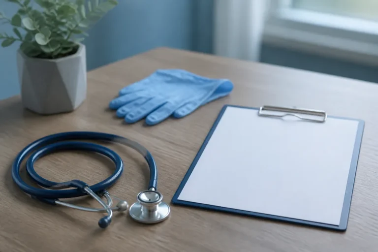 nota de corte de enfermagem no Sisu: estetoscópio, prancheta e luvas de estudo sobre a mesa