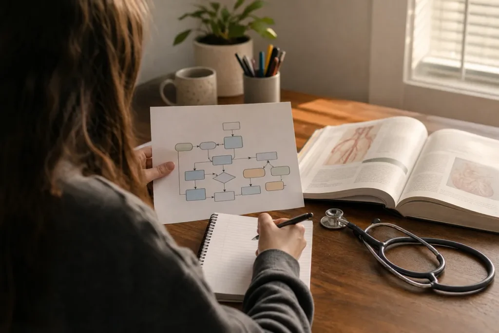 nota de corte de enfermagem: estudante revisando um diagrama de anatomia impresso numa mesa de estudo