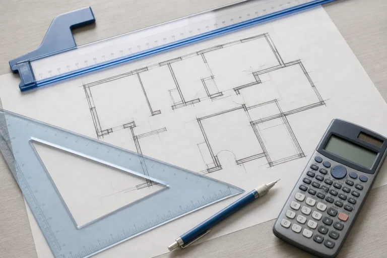 Nota de corte de Engenharia Civil no Sisu: planta baixa desenhada à mão, régua-T, esquadro e calculadora sobre uma mesa
