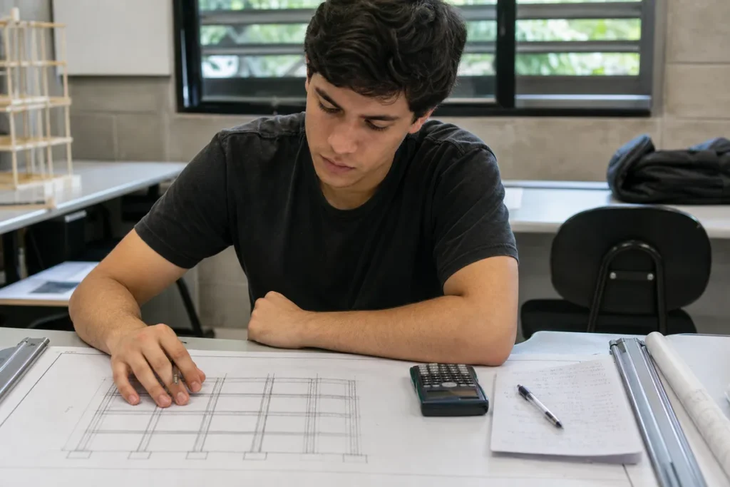 Nota de corte de Engenharia Civil no Sisu: estudante analisando um diagrama estrutural desenhado à mão, calculadora ao lado