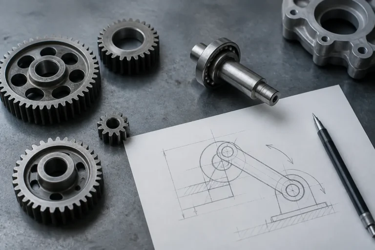 Nota de corte de Engenharia Mecânica no Sisu: engrenagens e peça mecânica sobre uma mesa de estudo, ao lado de um esquema técnico desenhado à mão