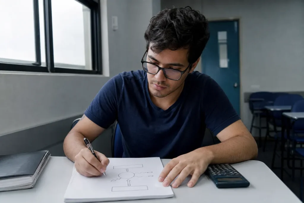 Nota de corte de Engenharia Mecânica no Sisu: estudante resolvendo uma questão de física com um diagrama de máquina térmica, calculadora ao lado