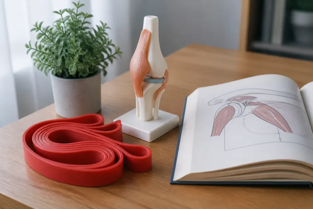 nota de corte de fisioterapia no Sisu: faixa elástica de exercício e modelo anatômico de articulação sobre a mesa de estudo