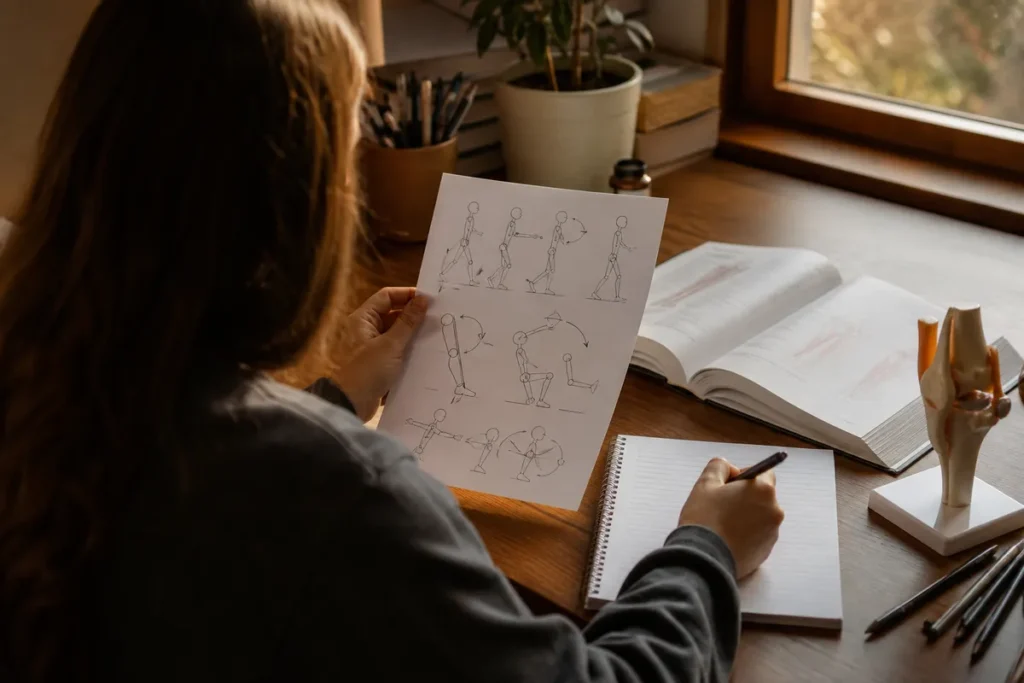 nota de corte de fisioterapia: estudante revisando um diagrama de movimento humano impresso numa mesa de estudo