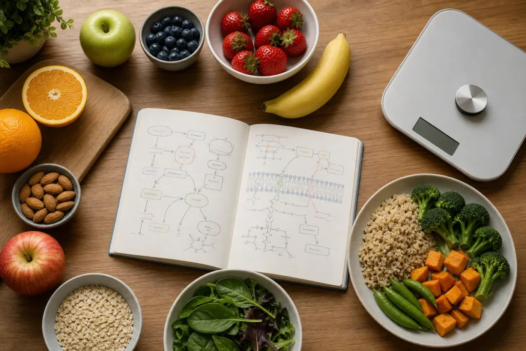 Nota de corte de Nutrição no Sisu: alimentos variados e livro de bioquímica sobre a mesa de estudo