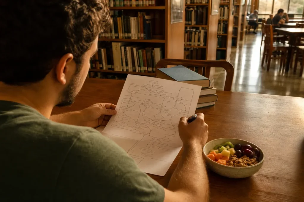 Nota de corte de Nutrição no Sisu: estudante revisando um diagrama de metabolismo impresso ao lado de alimentos variados sobre a mesa de estudo