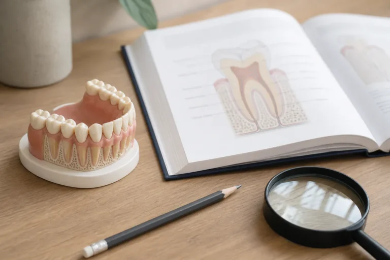 nota de corte de odontologia no Sisu: modelo de estudo de arcada dentária e livro de anatomia sobre a mesa